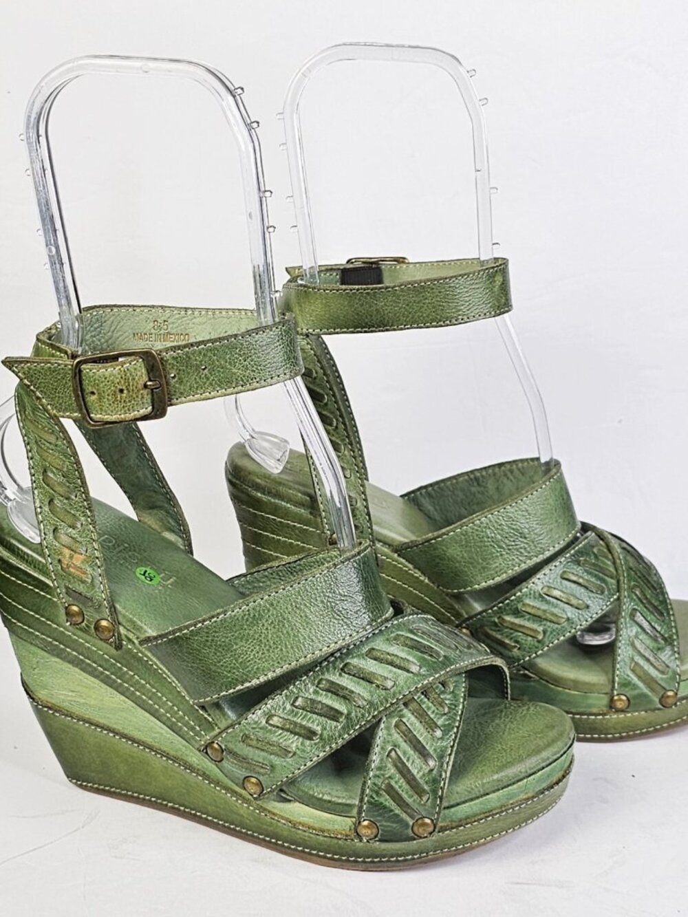 BED STU Green Leather Criss-Cross Ankle Strap Size 8.5 Wedge Platform Sandals